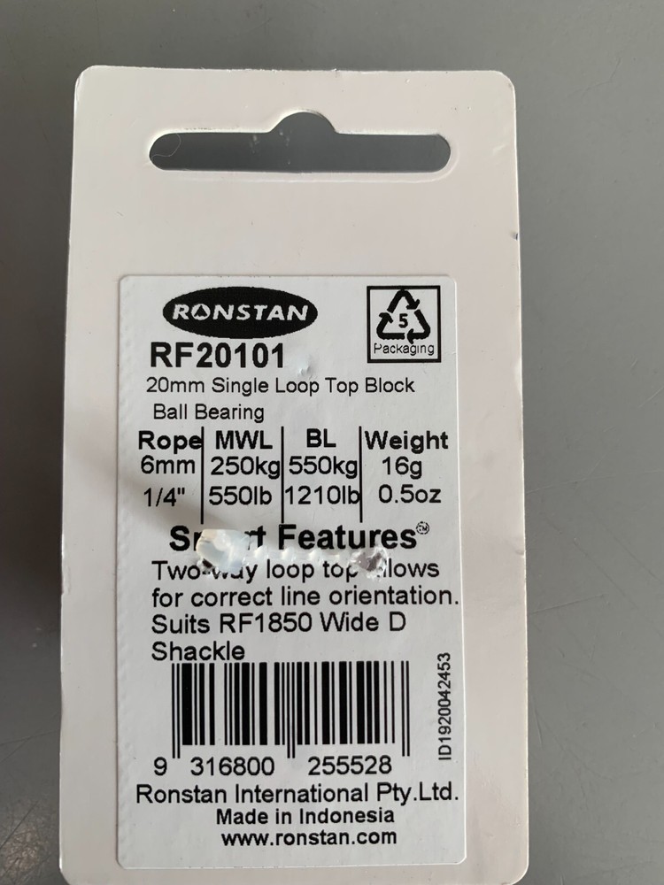 Ronstan RF20101 20mm Single Loop Top Block, Ball Bearing