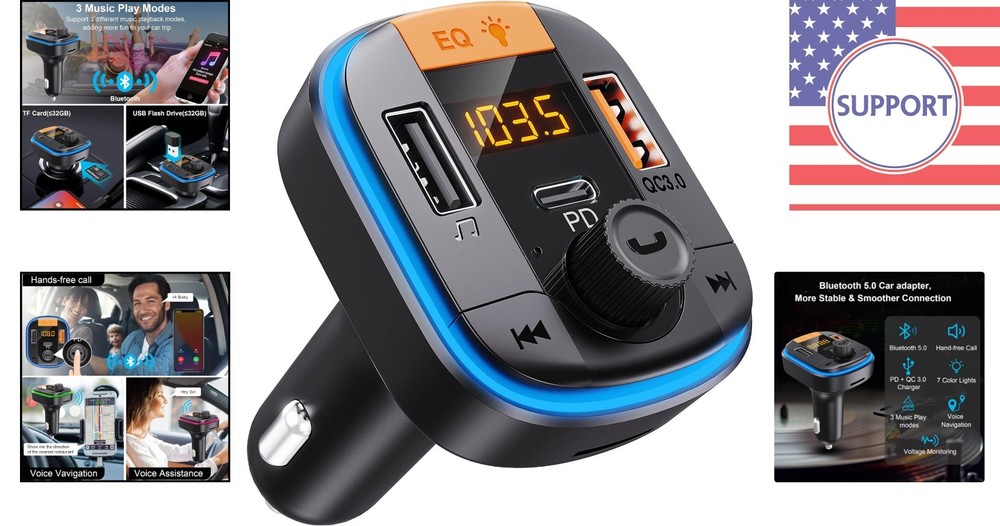 Bluetooth FM Transmitter for Car - PD20W + QC3.0 Fast Charging & Hands-Free C...