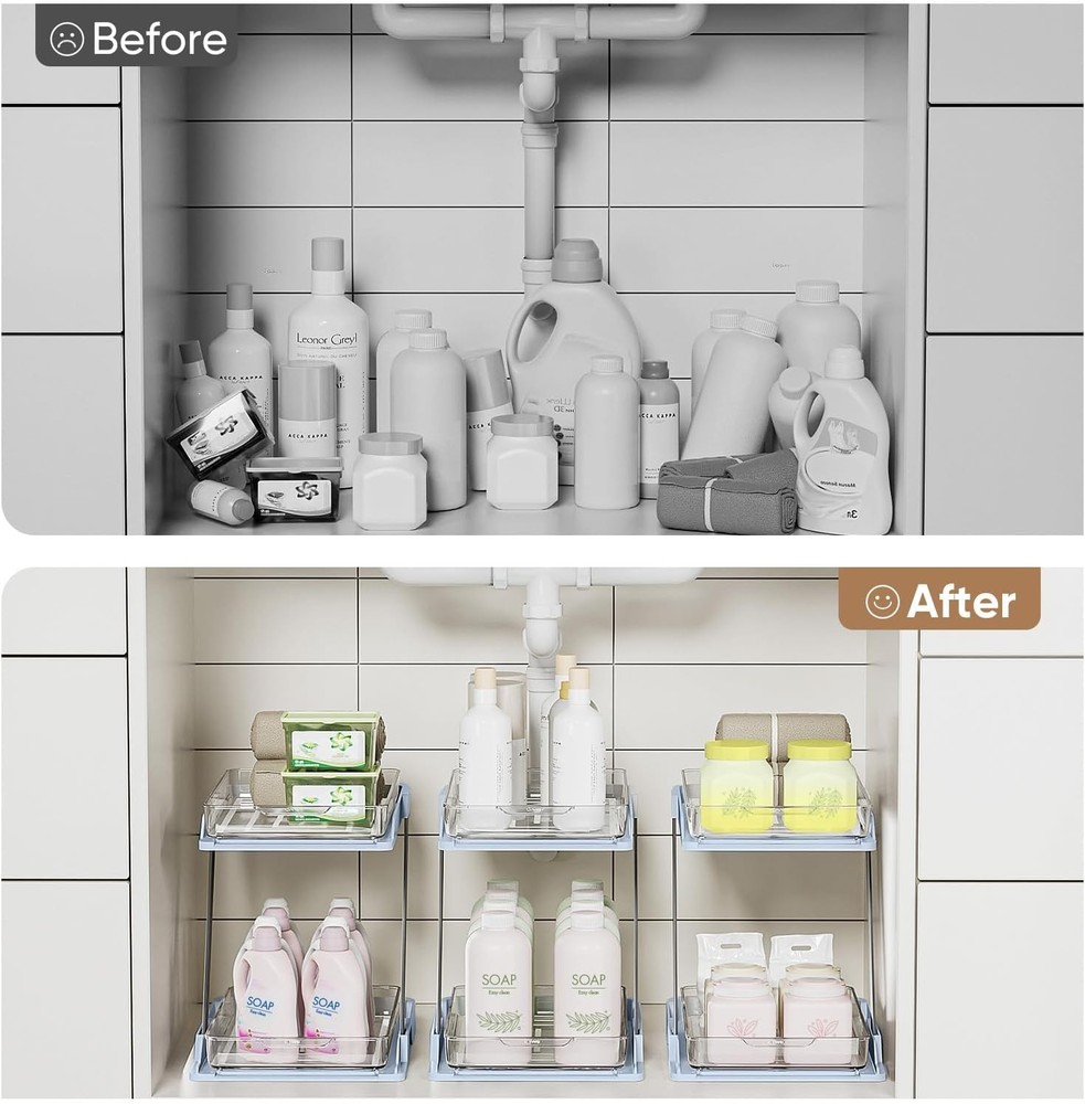 3 Pack Bathroom Organizers & Storage Multi-Purpose,2-Tier Clear Pull Out