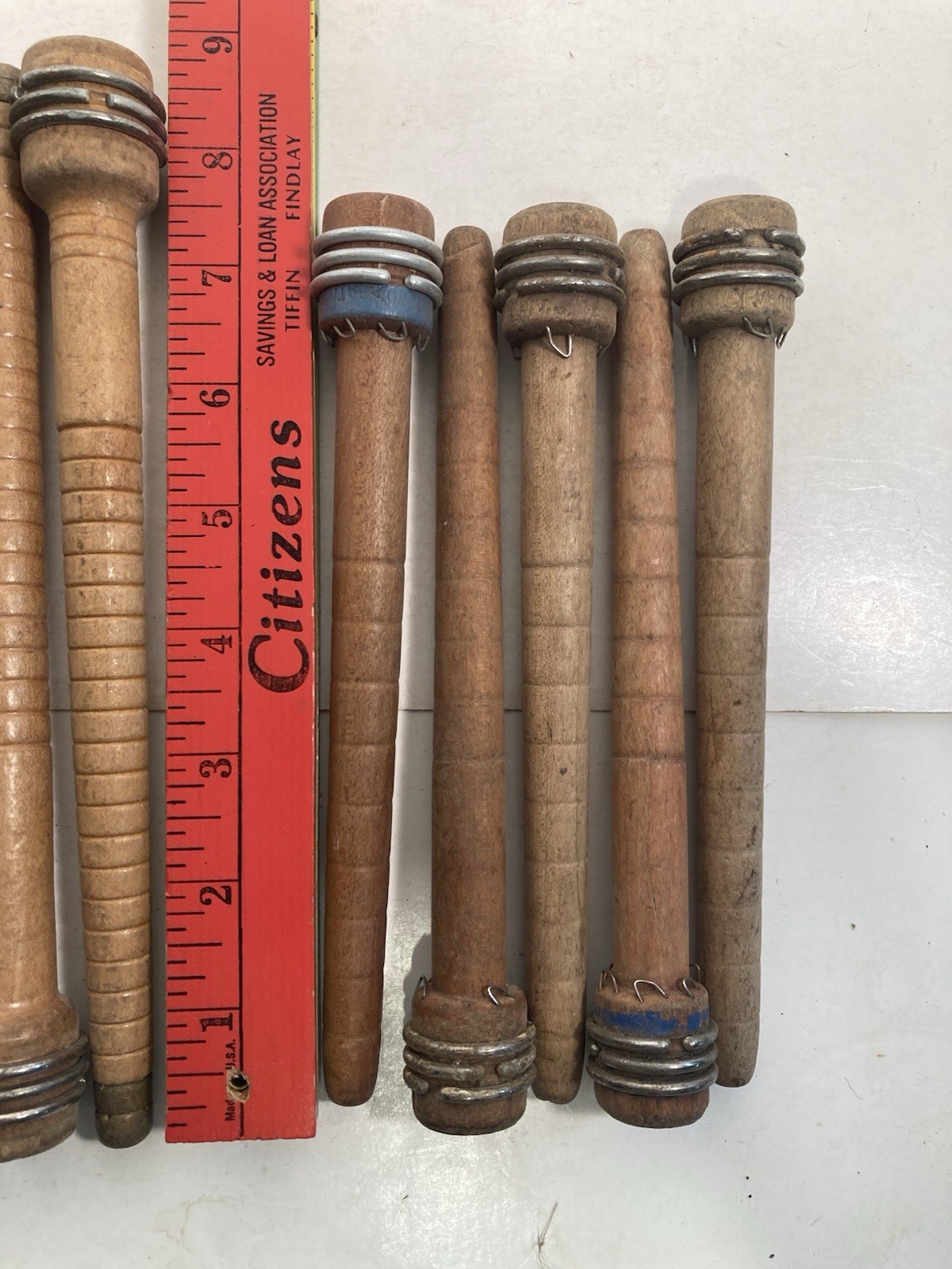 Wood Bobbins Quills Vintage Factory Reclaimed, 8 3/4 and 7 3/8", lot of 10