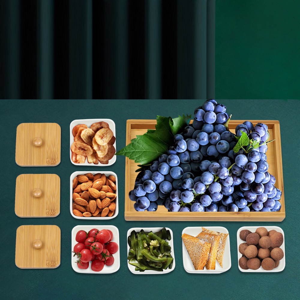 Ceramic Snack Serving Tray 6 Piece with Tray Serving Platter with Bamboo Lids