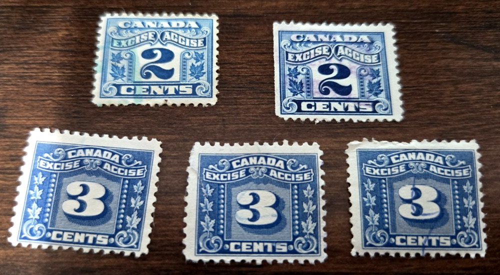 CANADA  Assorted EXCISE TAX VARIOUS ISSUES 5 stamps (1) MNH (2) MPH  (2) UPH