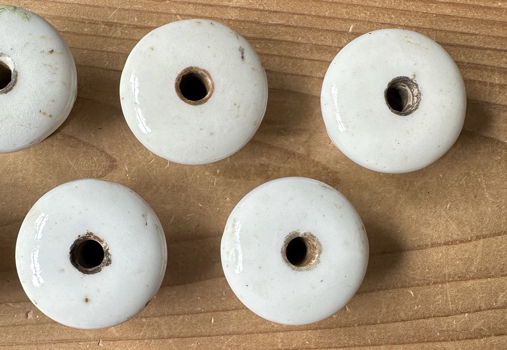 #1946–EIGHT Matching Antique 1 1/4” Dia. White Porcelain Ceramic Drawer Knobs