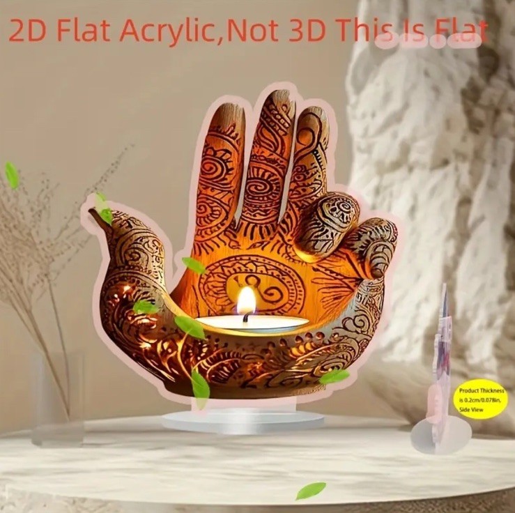 Decorative 2D Flat Hand Holding A Candle Display W Base - Acrylic, Double Sided