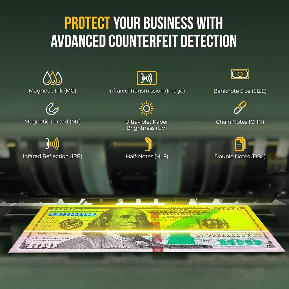 Professional Bill Counter, 1500 Notes/Min, Multi-Currency, UV/MG/IR Detection