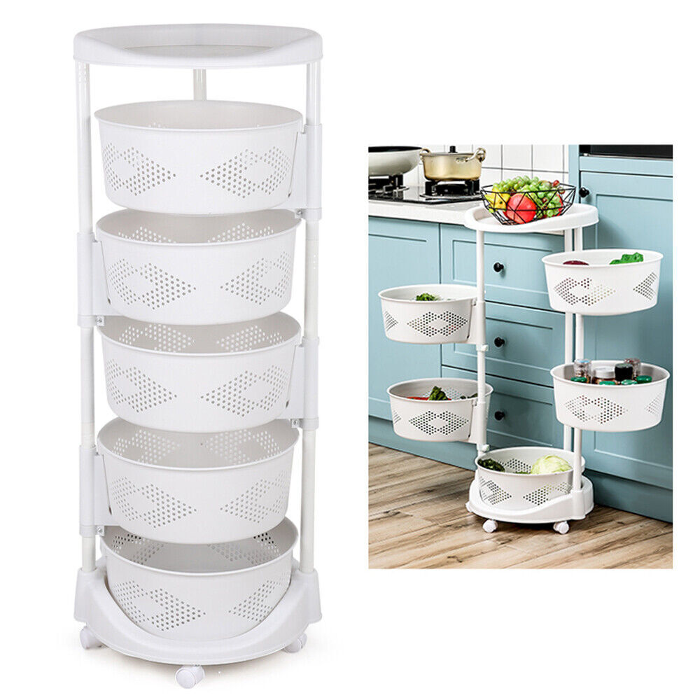 5 Layer Kitchen Rotating Organizer Rack Fruit Vegetable Storage Basket w/ Wheels