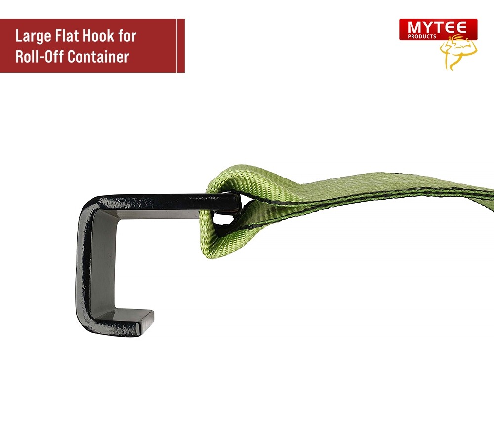 4" x 5' Roll Off Container Green Winch Strap w/ Large Flat Hook for Truck