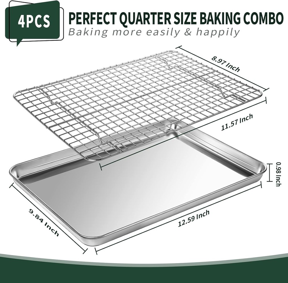 Quarter Sheet Pan with Cooling Rack Set [2 Baking Sheets 12*10*1Inch, Silver