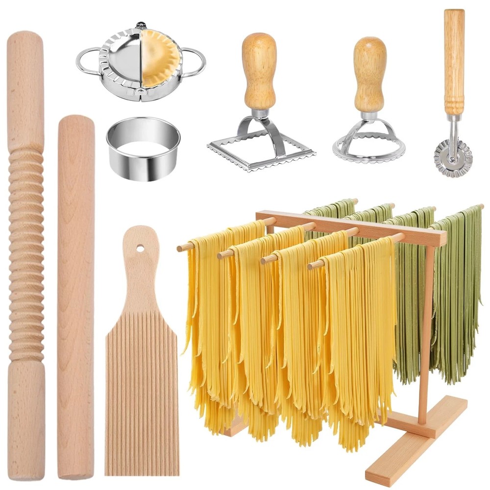 Pasta Making Tools 9 PCS Wood Kit with Drying Rack Roller Gnocchi Board Ravioli