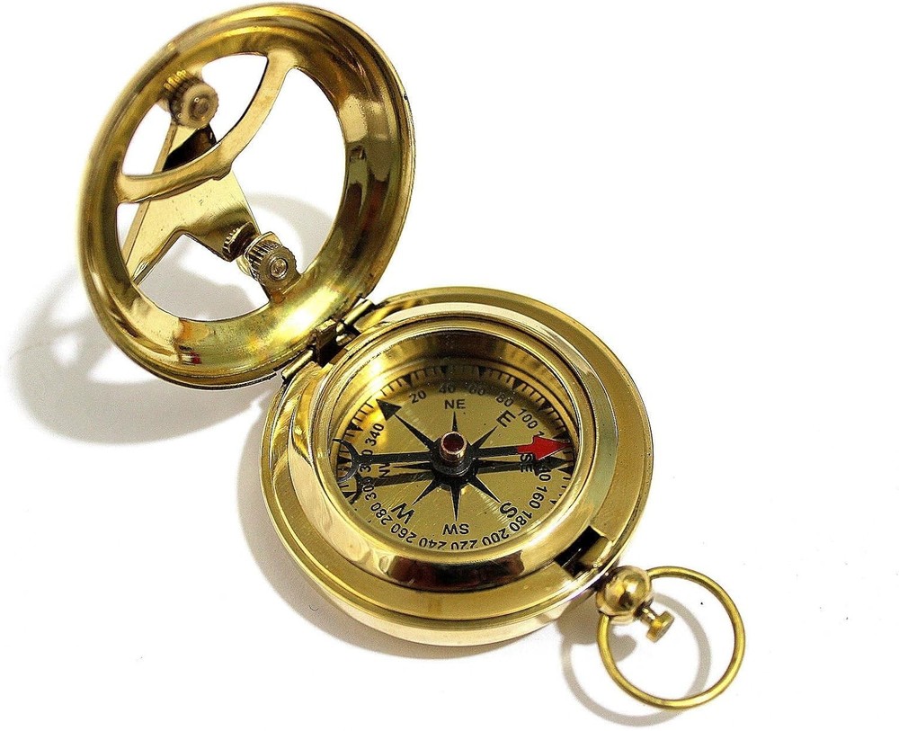 Brass Push Button Direction Sundial Compass - Pocket Sundial Compass Rustic V...