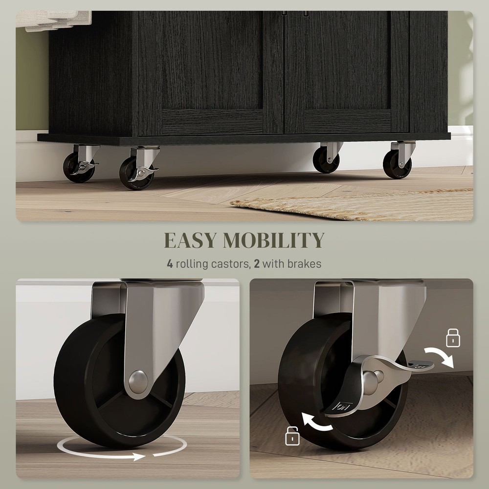 Kitchen Island with Storage and Power Outlets, Rolling, Black