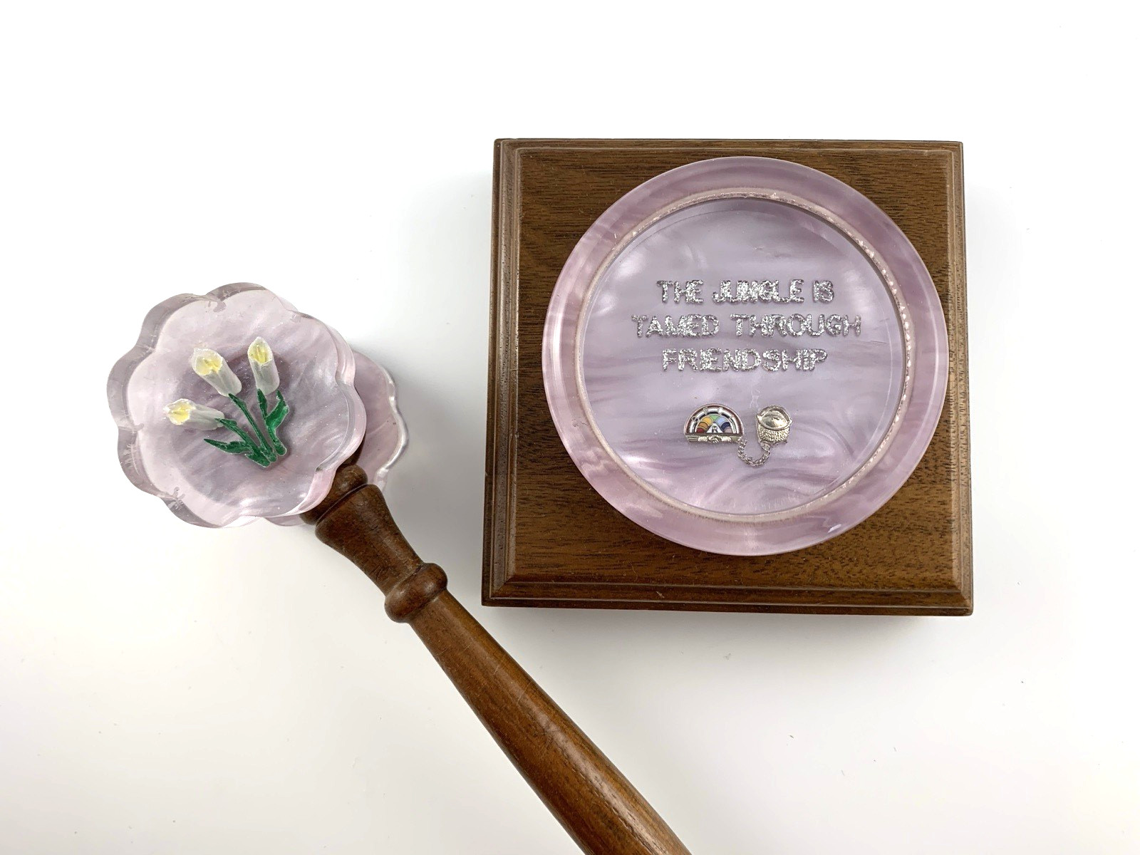 Rainbow Girls | Walnut 7.5" Gavel & Sound Block (w/ Lucite Top) & Bag + | NOS