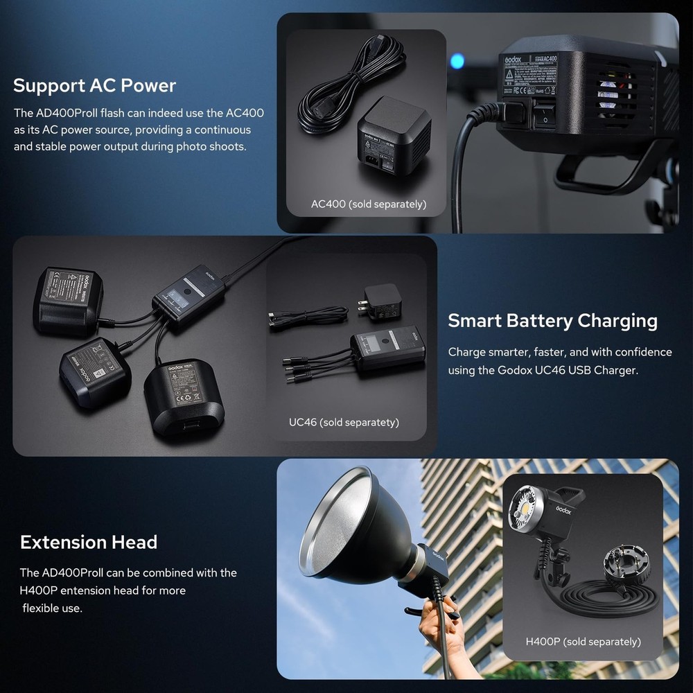 Godox AD400PROII Profession Studio Flash Light with Godox&Bowens Mount GN72 4...