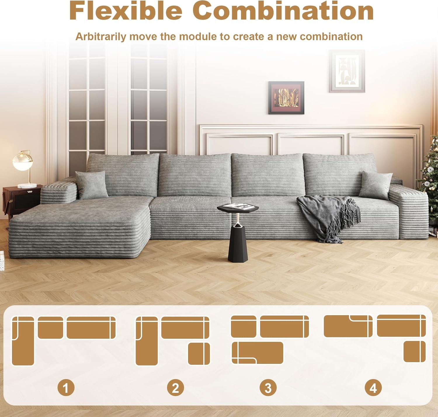 135" Corduroy Couch Sectional Sofa with Chaise L Shape Boneless Cloud Couches