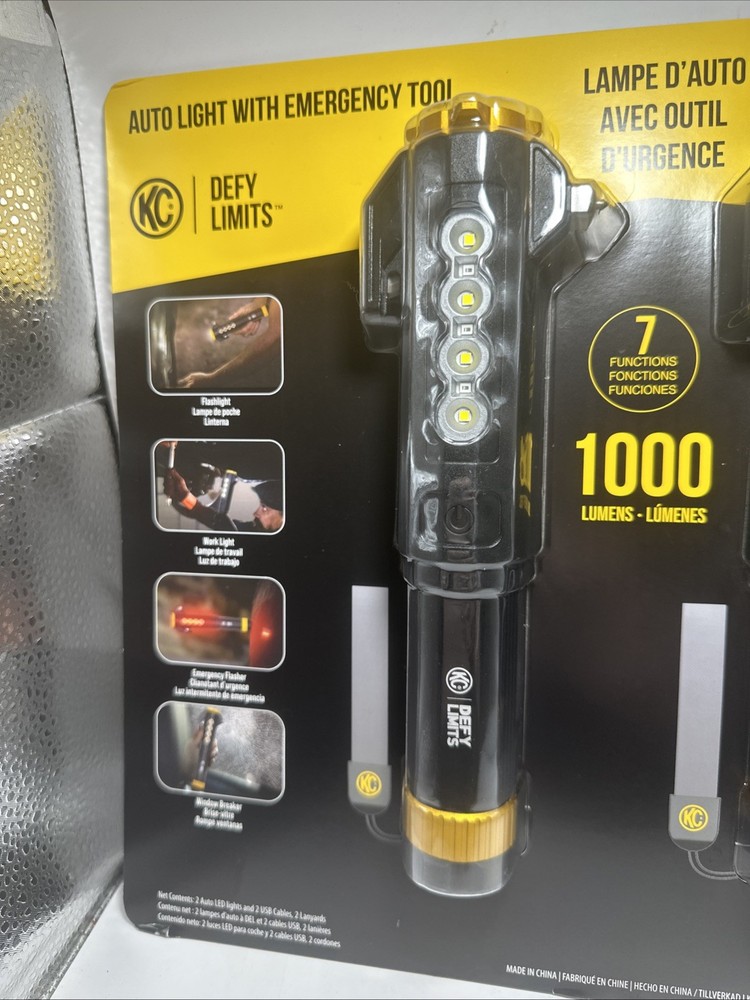 KC Auto Light with Emergency Tool, 2 Pack 1000 Lumen Rechargeable Flashlight Set