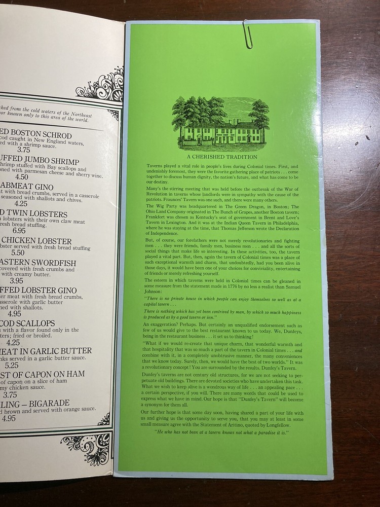 Dunfrey's Tavern Vintage Menu