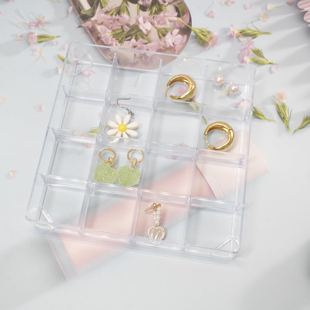 4 PCS Stackable Jewelry Organizer Tray, Plastic Storage Box with 16 Mini Grid...