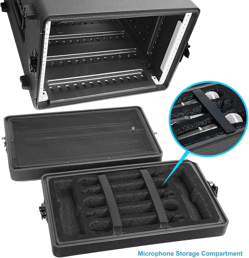 6U Rack Case 19" Rackmount Flight Cases Portable Carry w/Microphone Compartments