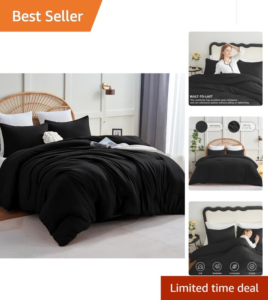 Queen Comforter Set Black, 3 Pieces Solid Queen Comforter Breathable Quilted ...