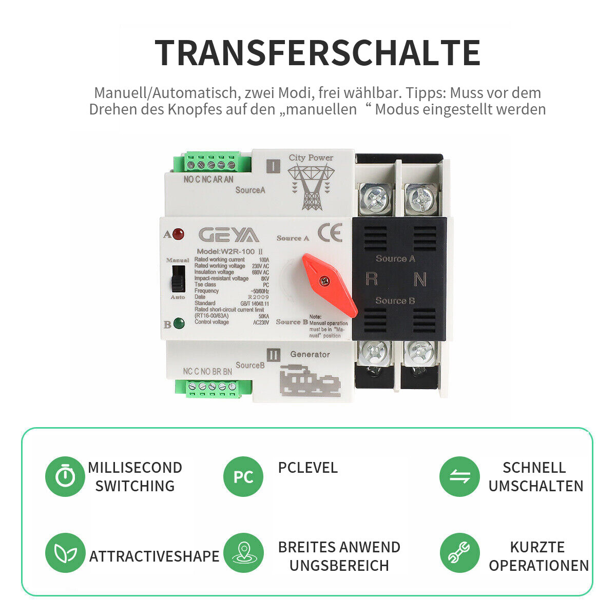 GEYA Dual Power Automatic Transfer Switch Grid to Alternator2/3/4P 100A 220/110V