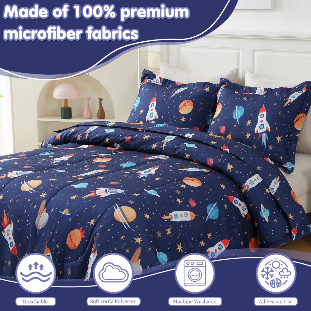 Boys Comforter Set Full Size Bedding Sets Space Rocket Comforter with 2 Pillo...