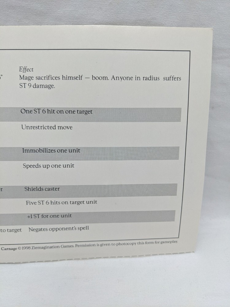 Carnage Ziemagination Games Spell Chart