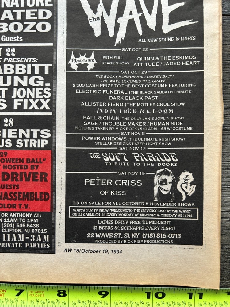 KISS Concert Ad Advert PETER CRISS Nov 19 1994 The Wave NY Vintage Kiss D