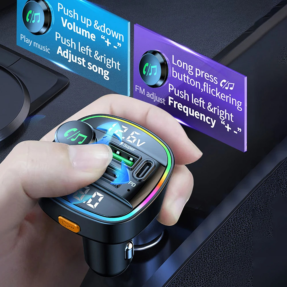 Bluetooth 5.0 Car Wireless FM Transmitter Adapter USB PD Charger AUX Hands US