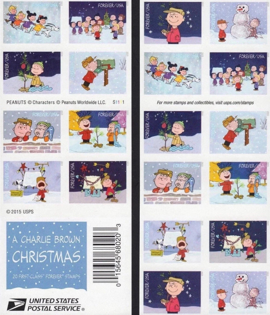 USPS Forever Charlie Brown Christmas Sheet of 100 Authentic Postage Stamps