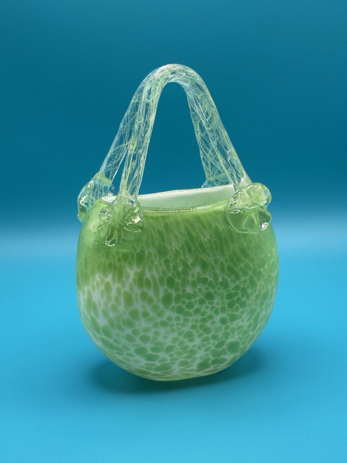 Vintage Hand Blown Art Glass Basket Green Controlled Bubble Murano Style Vase