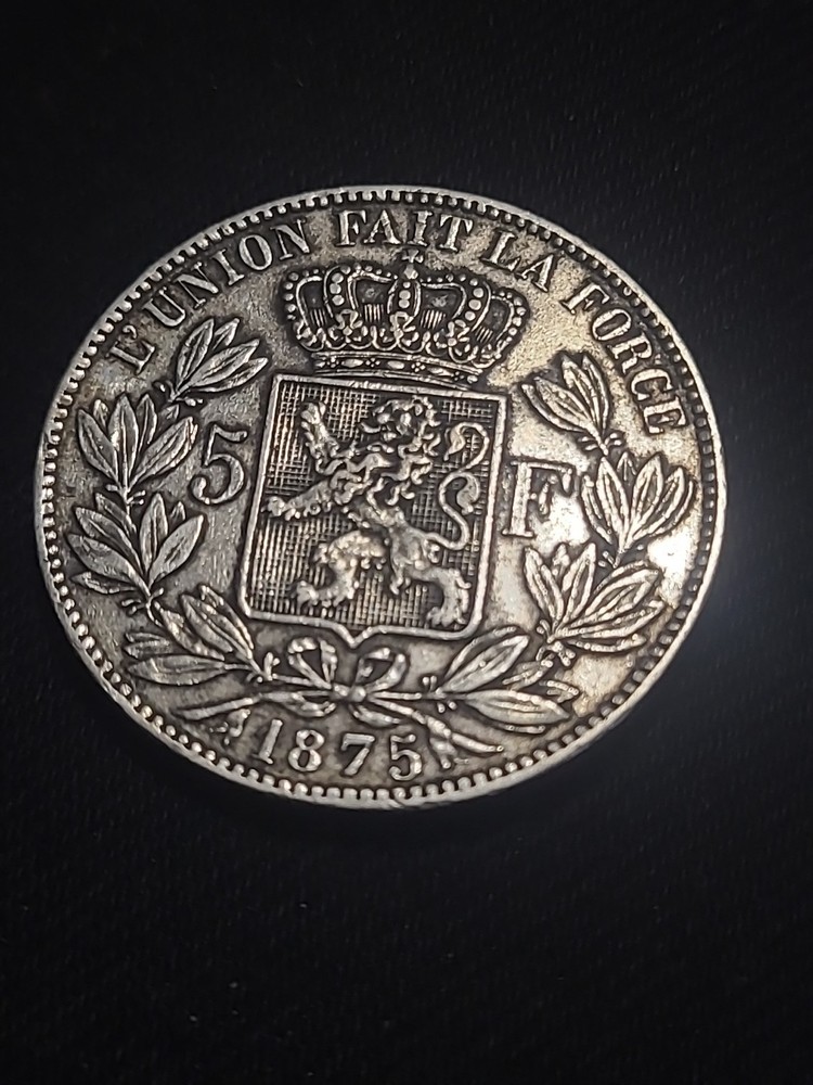 1875 Belgium 5 Francs Silver Coin