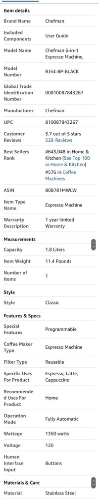 Chefman 6-in-1 Espresso Machine with Steamer, Automatic One-Touch Coffee Maker,