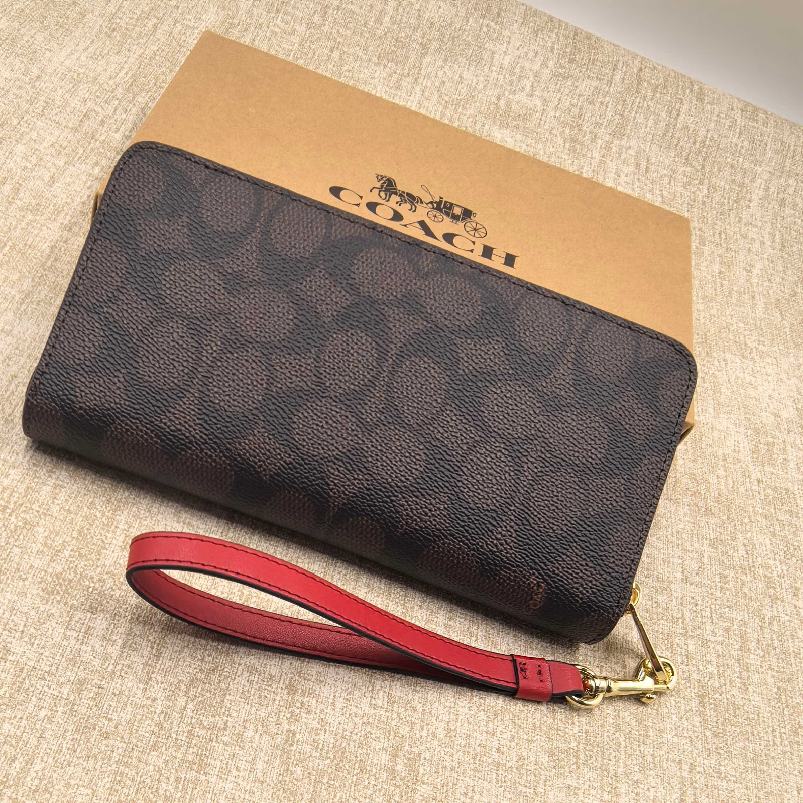 New Coach CW778 Long Zip Around Wallet in Signature Canvas Walnut and Bold Red