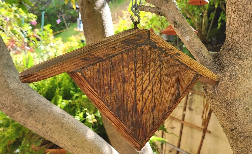 Vintage Triangular Hanging Birdhouse In Solid Oak, Heart Shaped Entry, Good Cond