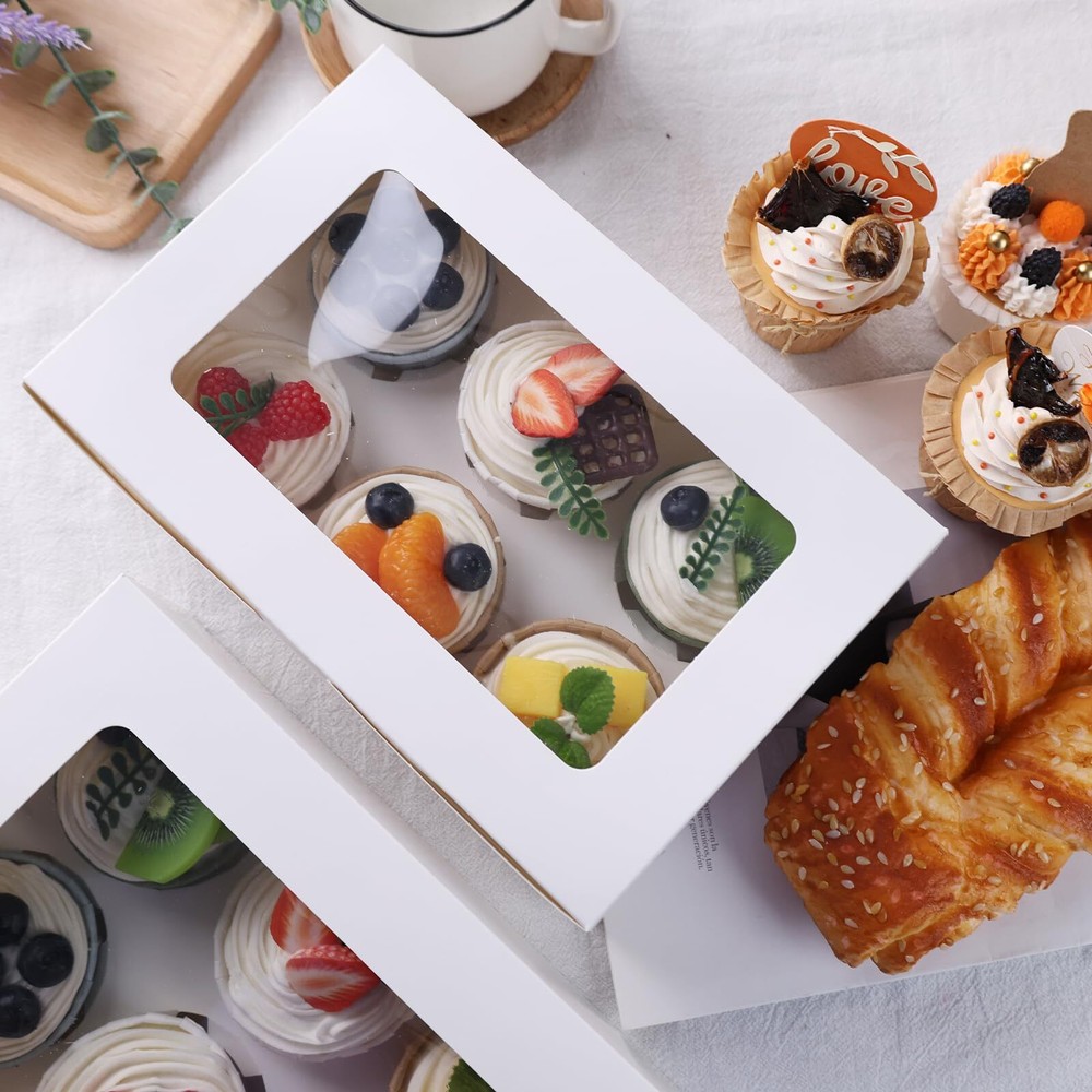 6PCS White Cupcake Containers Cupcake Carrier 6 Count with Window Boxes Holdi...