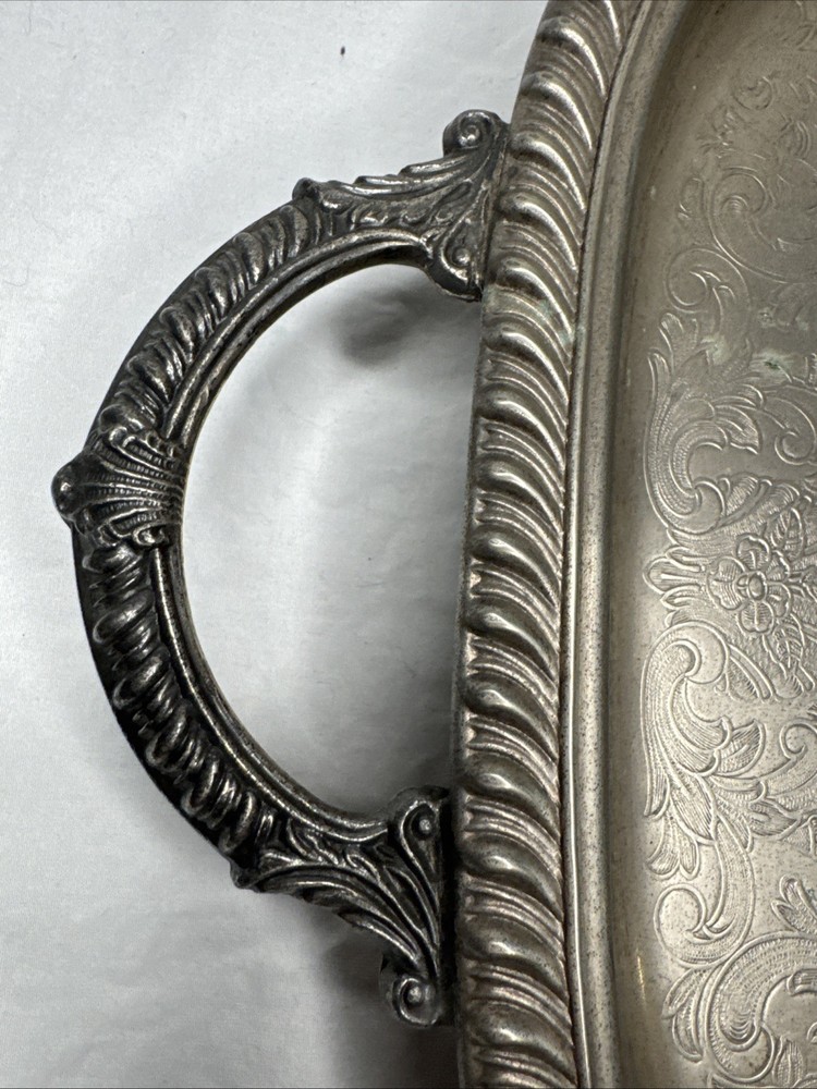 Leonard Silverplate Footed Serving Tray Ornate Engraved Floral Handles Rope Edge