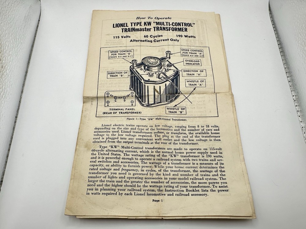 Vintage Lionel Type KW Multi-Control Trainmaster Transformer Instruction Manual