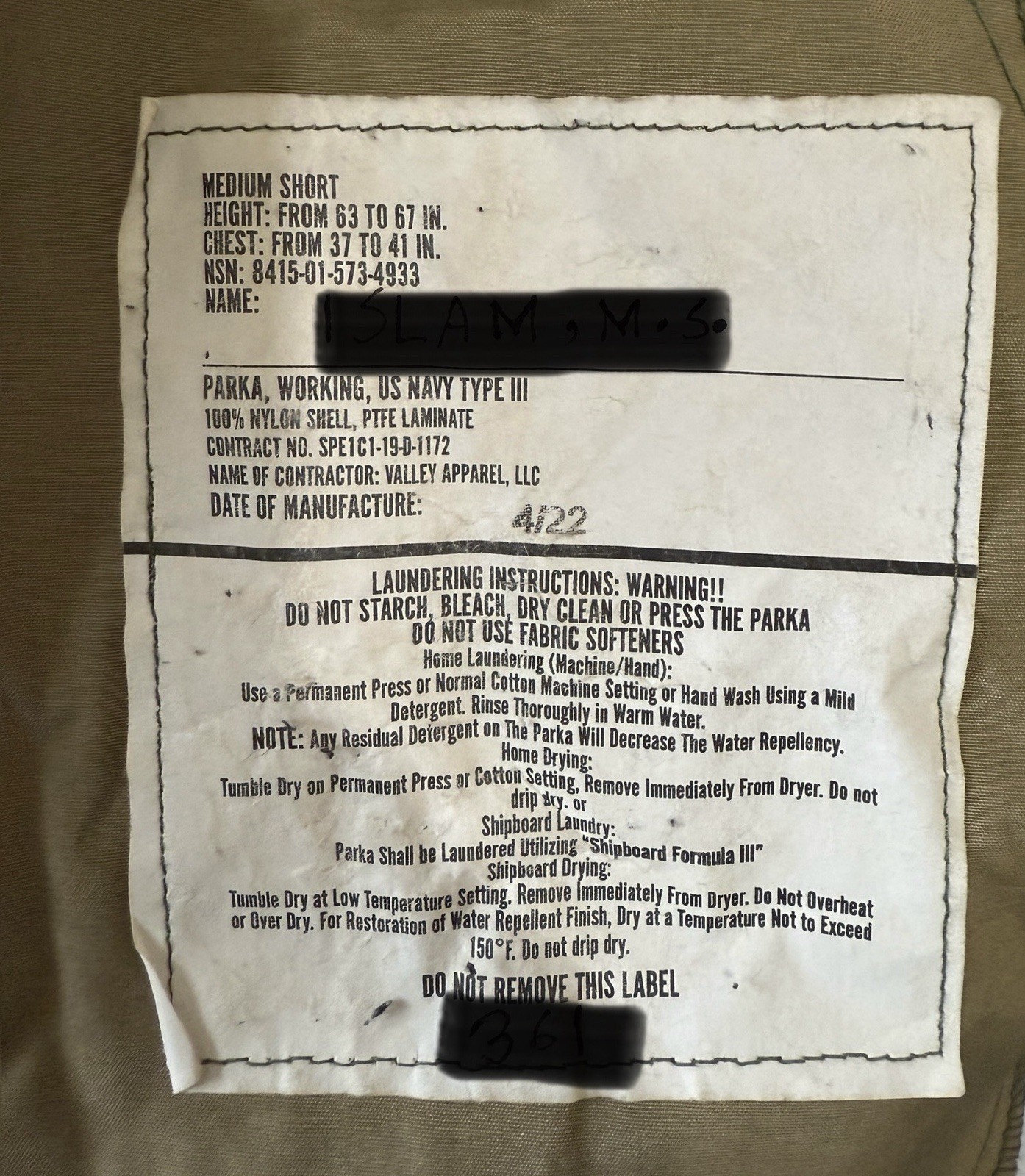 U.S. Navy Working Parka Type 3 Medium Short