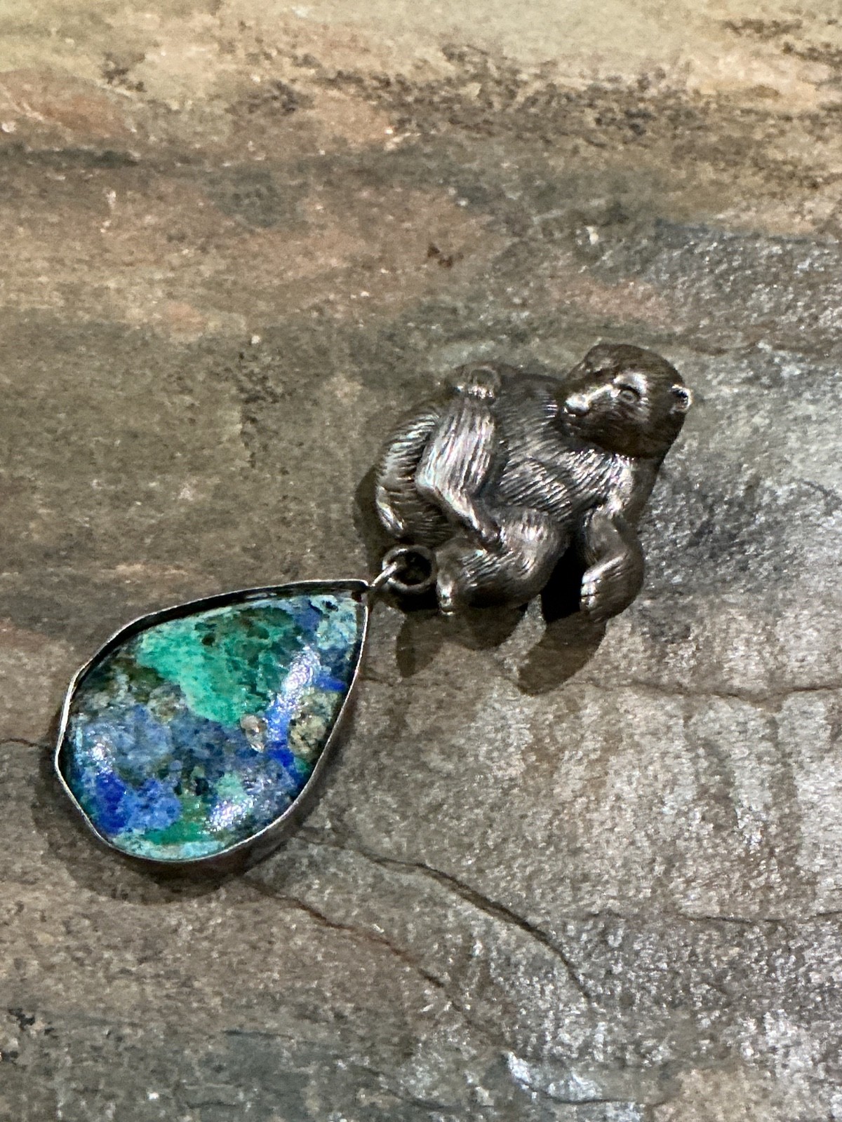Carol Felley Sterling Silver 3D Bear w Stone Teardrop Pendant/Pin Unique Beauty