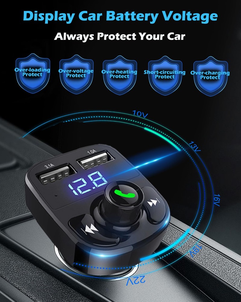 Bluetooth FM Transmitter, Wireless 5.3, Dual USB Ports | Handsfree Car Charger