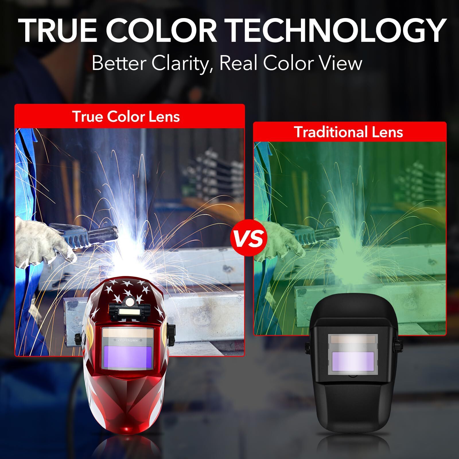 Auto Darkening Welding Helmet with LED Light, True Color View, Grind Mode