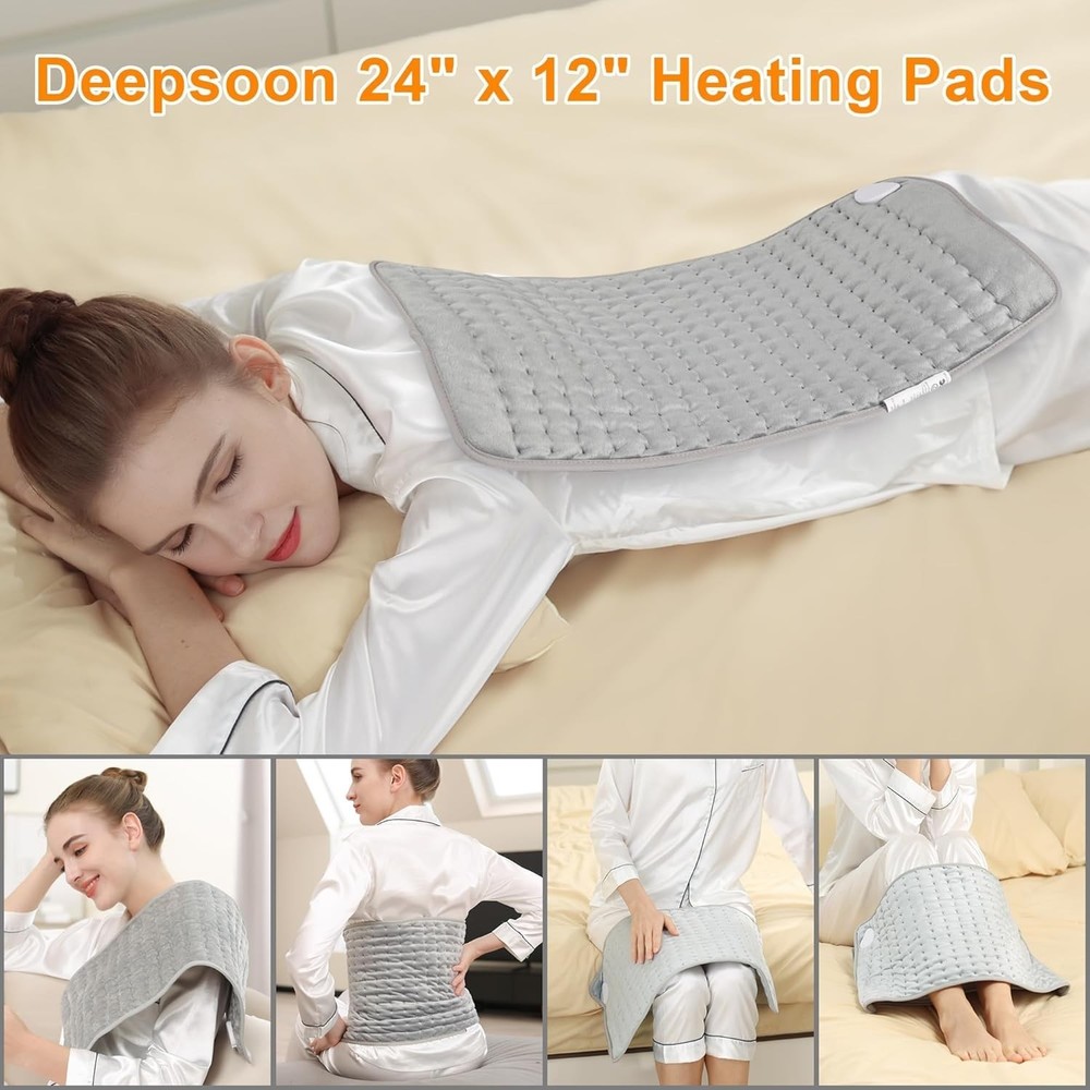 Versatile Electric Heating Pad - 6 Temp Settings, Machine Washable - Light Gray