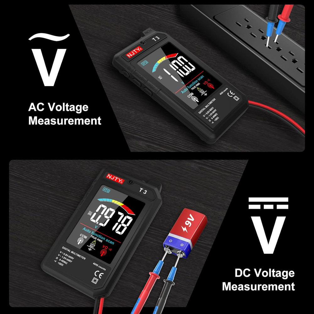 Multimeter, 4000 Counts, Rechargeable Auto-Ranging Digital Voltmeter with Non-Co