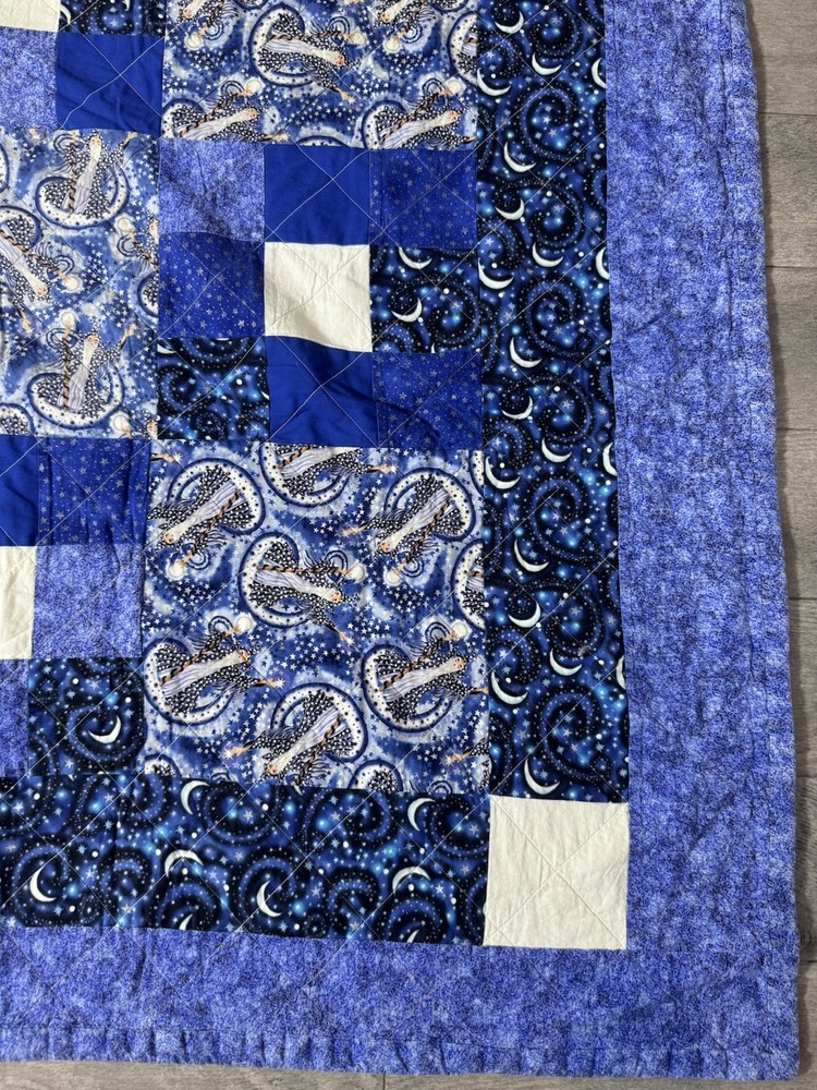Handmade Modern Quilt Blue Celestial Wizard 9 Square Flannel Back Queen Signed