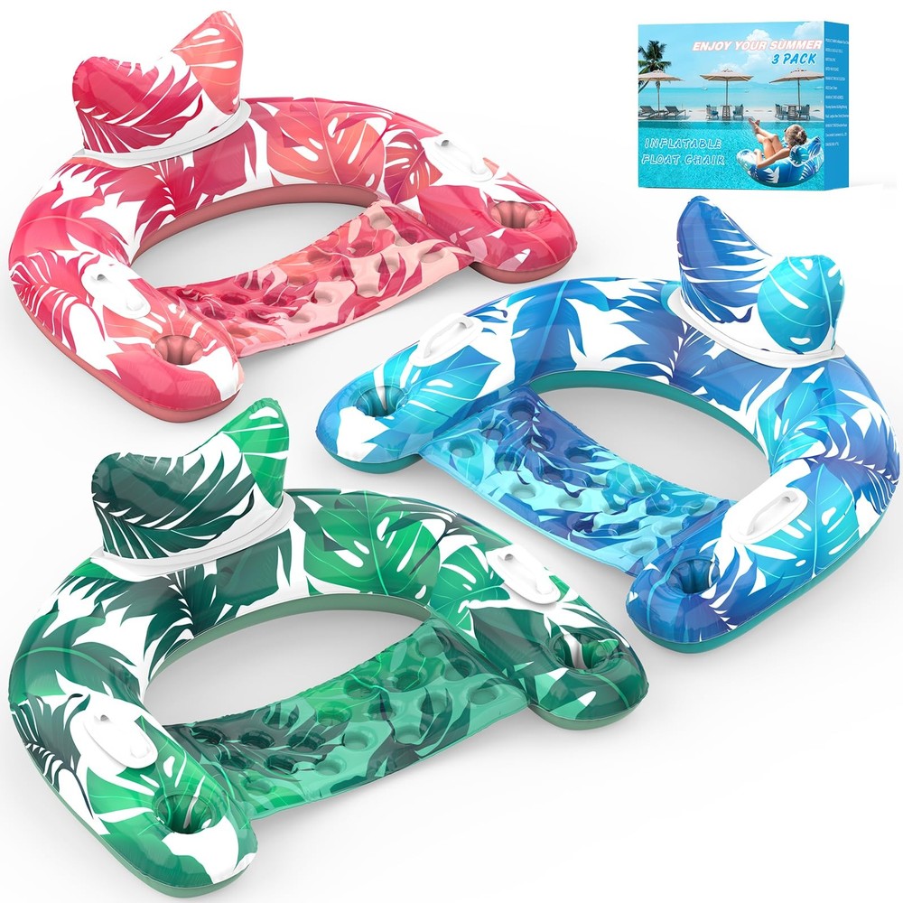 Pool Floats, 3 Pack Inflatable Pool Float Chairs with Cupholders & Handles, P...