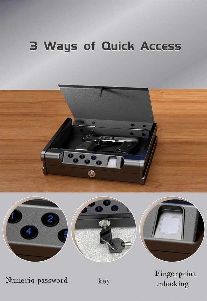Gun Safe for 2 Pistols 3 Quick-Access Fingerprint Passcode Key Hand Gun Lock Box