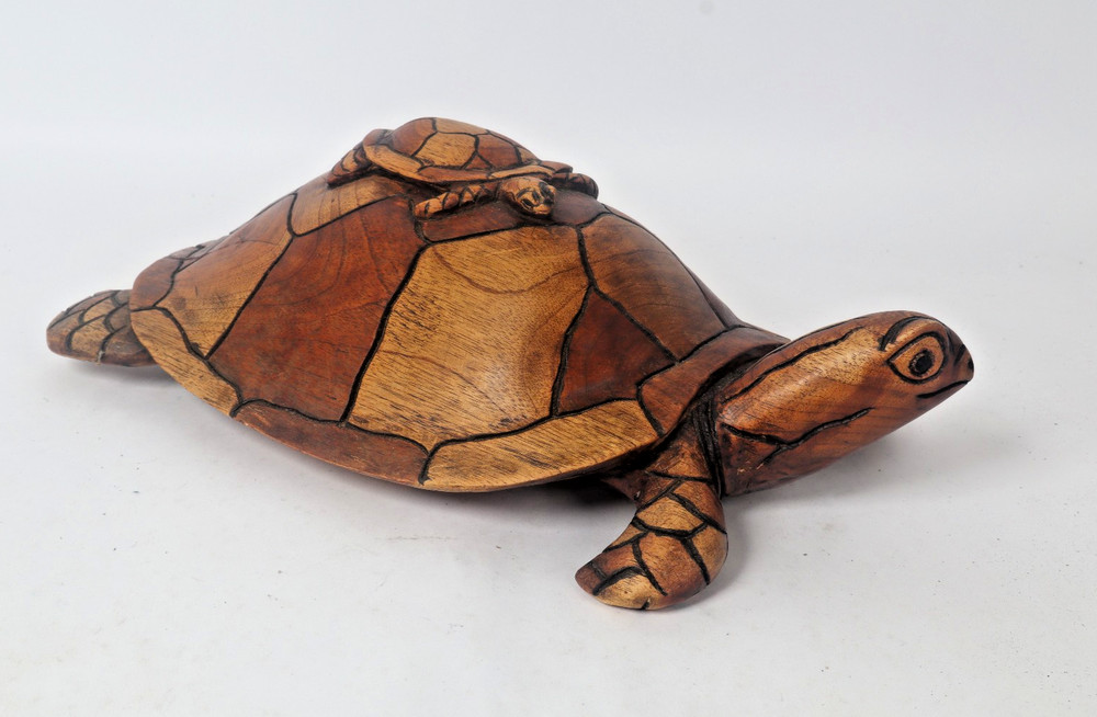 Vintage Large Hand Carved Solid Wood Turtle