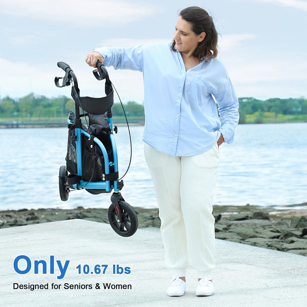 WALK MATE 3 Wheels Rollator Walker 10Lb Seat Backrest Lightweight Foldable Blue