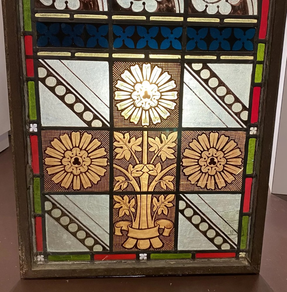 Arts & Crafts Leaded Stained Glass Window Panel with Iron Frame