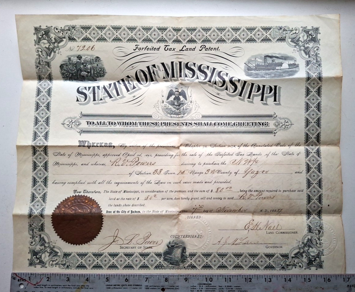 1899 Yazoo County Mississippi Forfeited Land Document Signed by Gov A J McLaurin